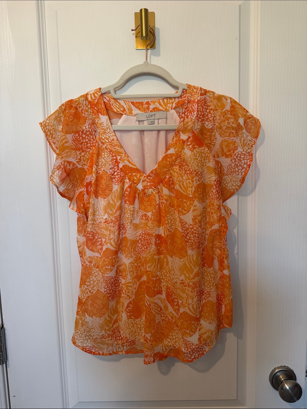 LOFT Blouse - Orange Floral Flutter Sleeve V-Neck